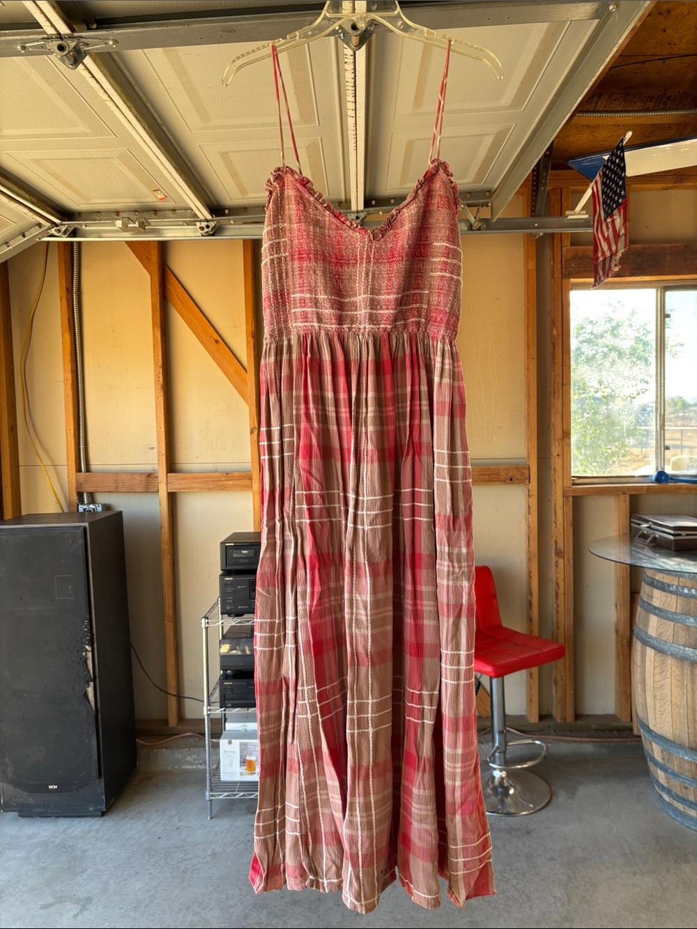 Smocked Red Plaid Maxi Dress with Adjustable Spaghetti Straps